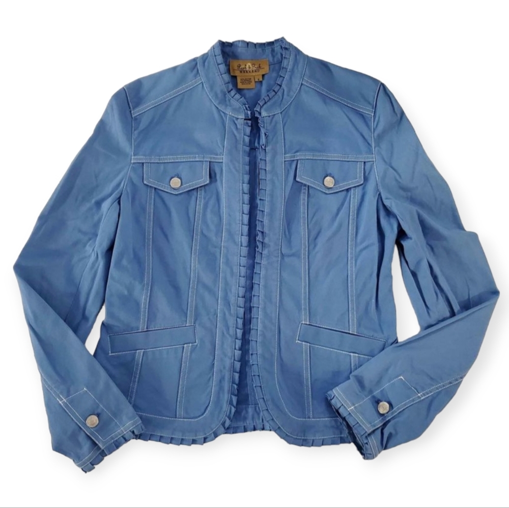 Blue Peck & Peck Weekend Ruffle Trim Hooked Closure Jacket Size 6